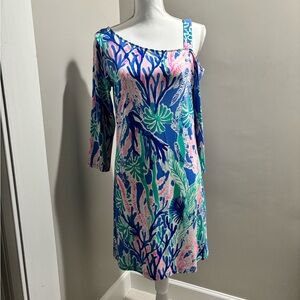 Lilly Pulitzer One-Shoulder Coral Reef Print Dress in Blue, Pink & Green